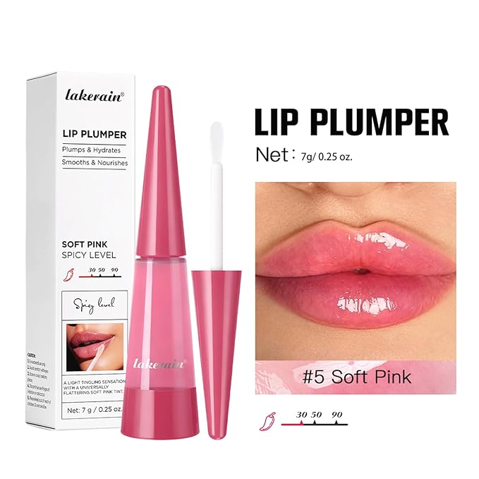 Instant Plumping & High-Shine Gloss Plumping Lip Oil - Ultra-Hydrating & Nourishing, Glossy Finish Lip Glow Oil, Instant Volumizing Effect, Smooth, Soft, Juicy Lips (#5 Soft Pink)