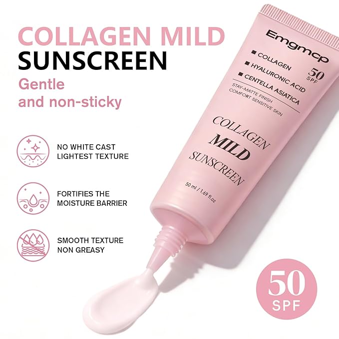 Collagen Mild Sunscreen, SPF 50 Broad Spectrum Facial Sunscreen, Lightweight Non-Greasy No White Cast, Hydrating Formula with Peptide & Cica for Soothing & Natural Glow (1pc)