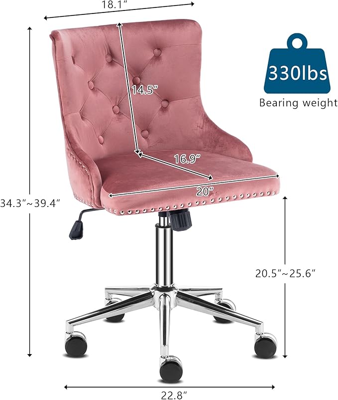 VINGLI Velvet Office Chair - Modern Upholstered Desk Chair with Adjustable Height, Tilting Mechanism, and Rolling Wheels - Pink
