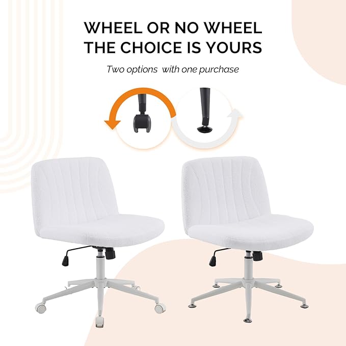 VINGLI Criss Cross Legged Chair,Wide Comfy Office Desk Chair,Dual-Use with/no Wheels Computer Task Chair,Swivel Armless Vanity Boucle Chair for Study,Make Up,Home Office,Teddy Fleece,White