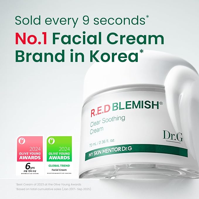 Dr. G R.E.D. Blemish Clear Soothing Cream - Calming Korean Moisturizer for Redness - Soothes Acne & Irritation - With Centella Asiatica - Long-Lasting Hydration - 2.36 fl oz