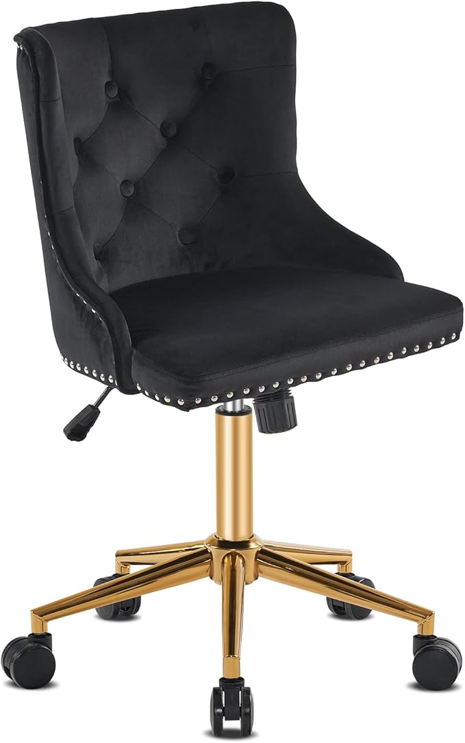 VINGLI Black Velvet Armless Home Office Desk Chair with Gold Base/Wheels, Small Cute Vanity/Makeup Chair with Back for Bedroom, Upholstered Adjustable Rolling Swivel Nail Chair for Women/Girls