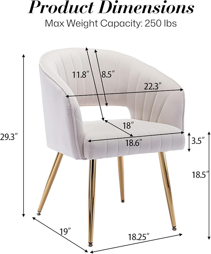 Modern Velvet Vanity Chair, Home Office Desk Chair with Hollow Back, Upholstered Dining Chair with Gold Metal Legs, Comfy Accent Armchair for Living Room Bedroom, Beige