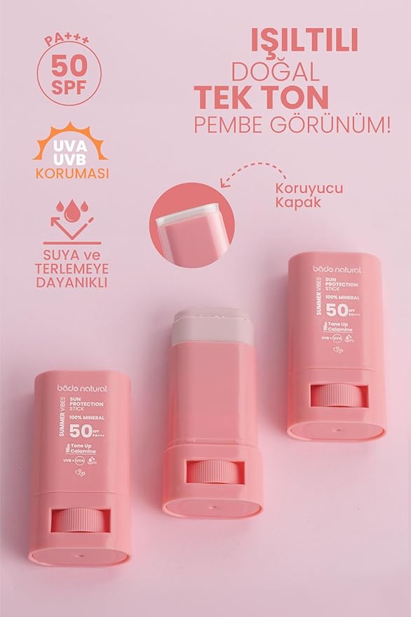 Bade Natural Pink Tinted Mineral Sunscreen Stick SPF 50 – Tone-Correcting & Brightening Sunblock with Zinc Oxide & Calamine for Face – Water Resistant, Non-Greasy, 100% Natural Oils, 0.56 oz