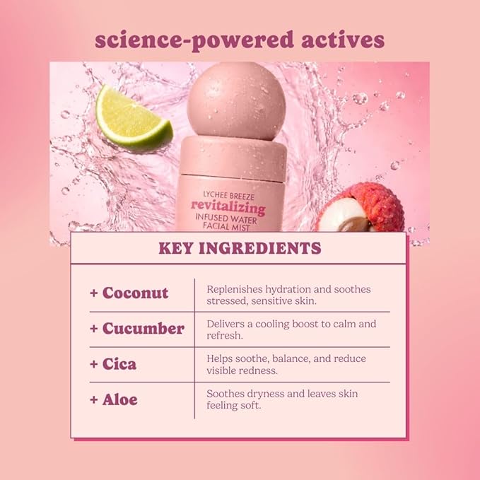 ESW Beauty Lychee Breeze Facial Mist - Hydrating Face Spray Toner with Lychee Water, Lime, Green Tea & Caffeine - Prime & Set Makeup - Revitalizing Mist for Radiant Skin