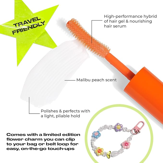 INH Hair Mascara for Flyaways | Mini Quick Slick Hair Finishing Stick for Flyaways with Charm Keychain, Frizz Control, & Slick Back Look | Smoothing Travel Size Serum & Frizz Tamer Wand | Peach, 8ml