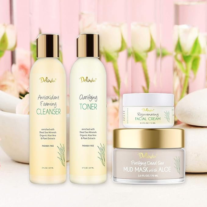 Deluvia Skin Care Set, Travel Size, Gentle Foaming Cleanser Face Wash, Clarifying Facial Toner, Face Moisturizer, Dead Sea Mud Mask, Skin Care Products Deluxe Facial Kit