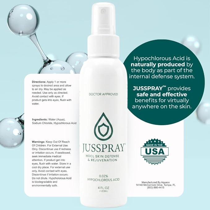 JusSpray™ Hypochlorous Acid Spray for Face and Skin | HOCI Facial Cleanser Mist | 4 oz Hypochlorous Acid for Face, Skin, Acne, Eczema, Body Acne Sprays, Piercing Aftercare, Wound Solution