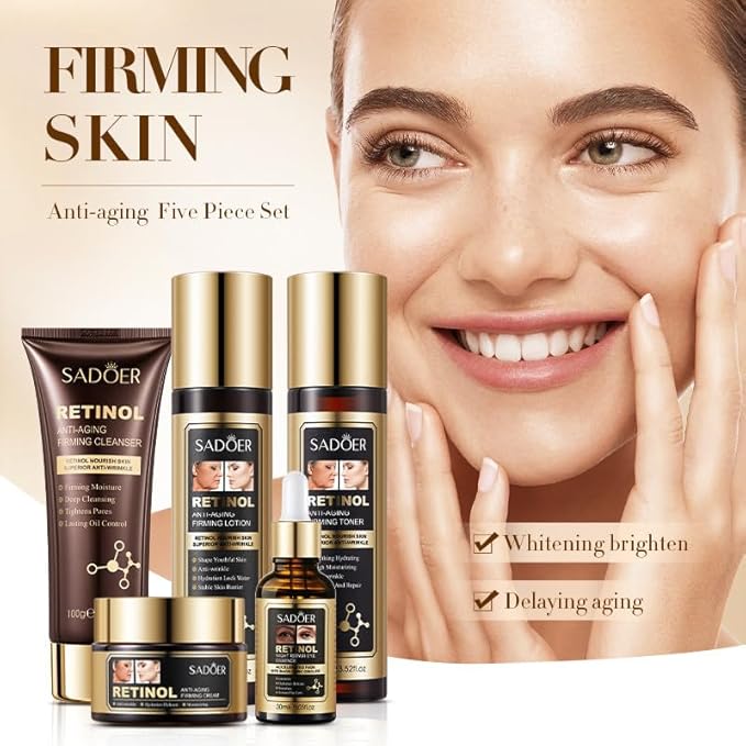 QueenLine 5pcs Retinol Face Toner Essence Cream Facial Lotion Moisture Anti-Aging Serum Cleanser Skin Care Set
