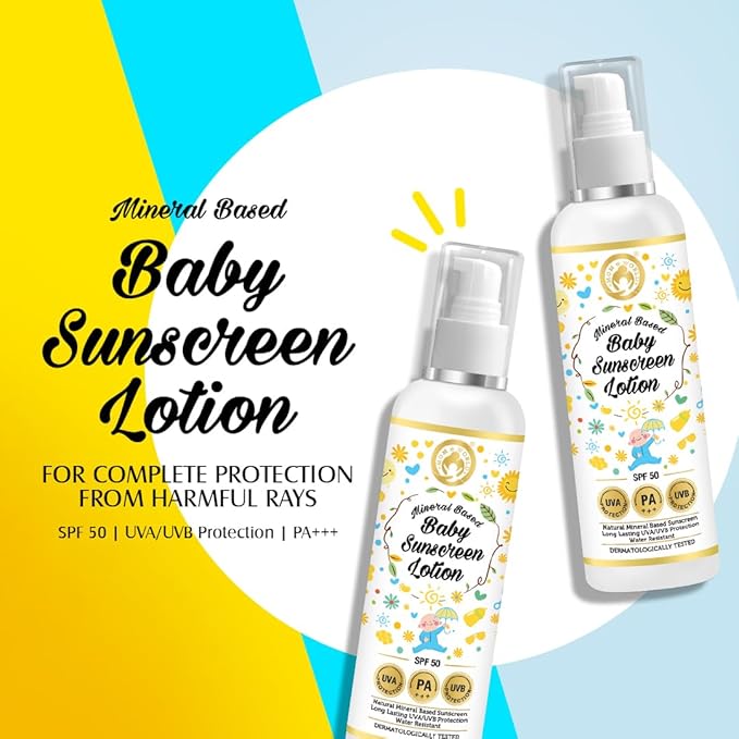 Mom & World Mineral Based Baby Sunscreen Lotion, SPF 50 PA+++, 120ml - UVA/UVB Protection, Water Resistance