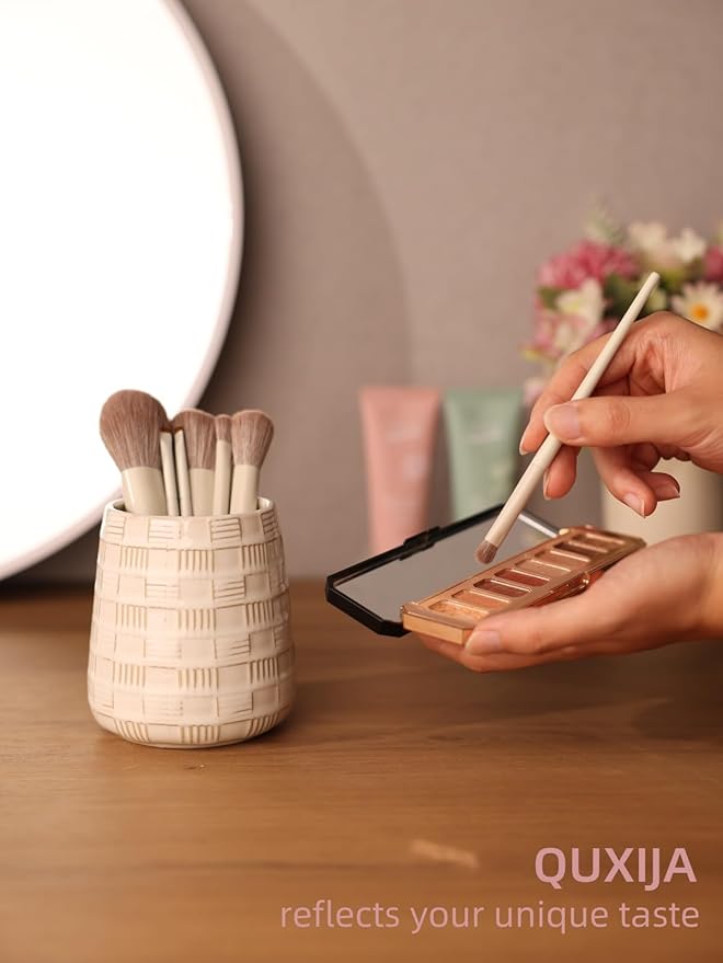 Ceramic Makeup Brush Holders, Bathroom Vanity and Countertop,Make up Brushes Cup for Cosmetics, Lipsticks, Bathroom Vanity Desktop Storage (Vintage White)