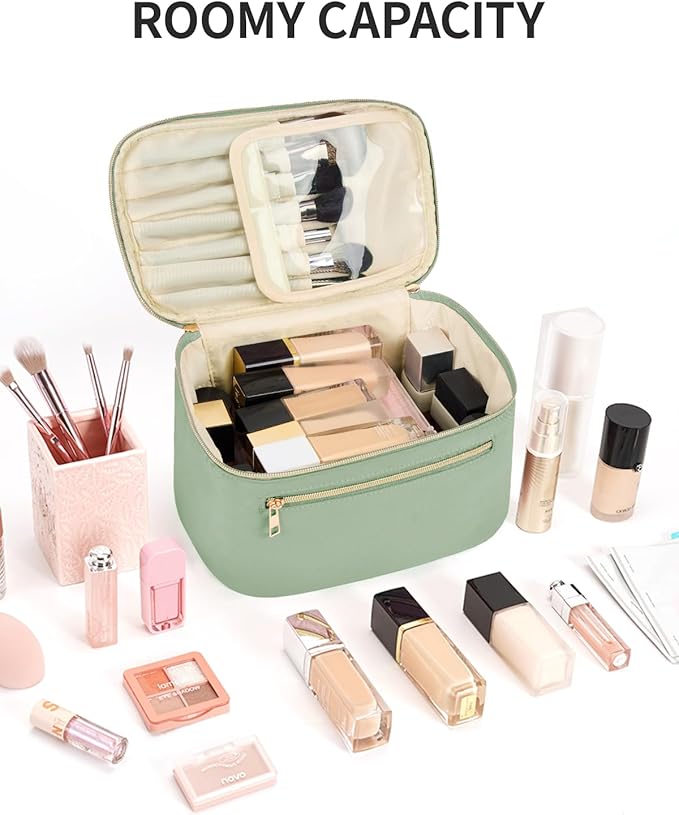 Wandering Nature Large Makeup Bag, Travel Make Up Organizer Cosmetic Brush Bags Case for Women in in Fabric,Sage Green,Patent Pending