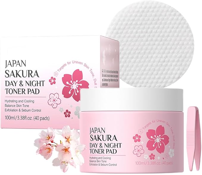 Sakura Toner Pads, Hydrating Daily Toner Pads for Sensitive Skin Gentle Exfoliating Soothing & Calming Facial Skincare Cleansing Pad, Makeup Skin Prep, Balance Skin Barrier, 40 Sheets