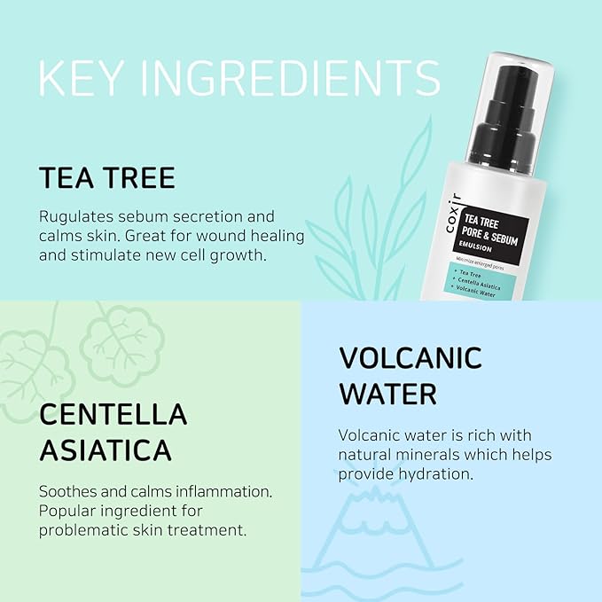 coxir Tea Tree Pore & SEBUM Emulsion for Oil Balance, Pore Minimizer, sebum Control Paraben Free, Cruelty Free, Korean Skin Care [100ml/3.38 fl.oz]