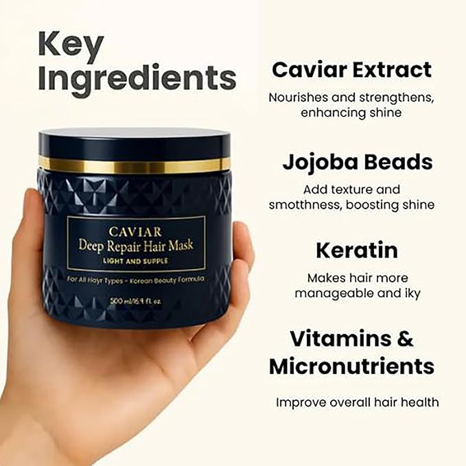 Korean Caviar Hair Mask - Deep Repair (16.9 Fl.Oz / 500ml) Moisture Treatment Hair Masque Hair Mask for Dry Damaged Hair and Growth, Damaged Hair Rescue, Healthy, Shiny Hair in Just 3 Minutes (3 jars)