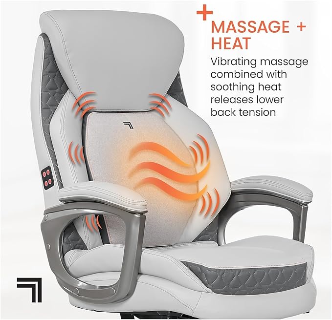 Sharper Image S600 Active Lumbar Ergonomic Bonded Leather Swivel Executive Massage Chair, White/Gray