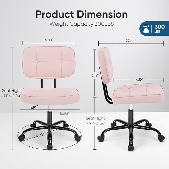 DUMOS Home Office Desk Chair - Ergonomic Armless PU Leather Computer Rolling Task Chair，with Comfy Lumbar Support and Height Adjustable, Vanity, Bedroom, Pink