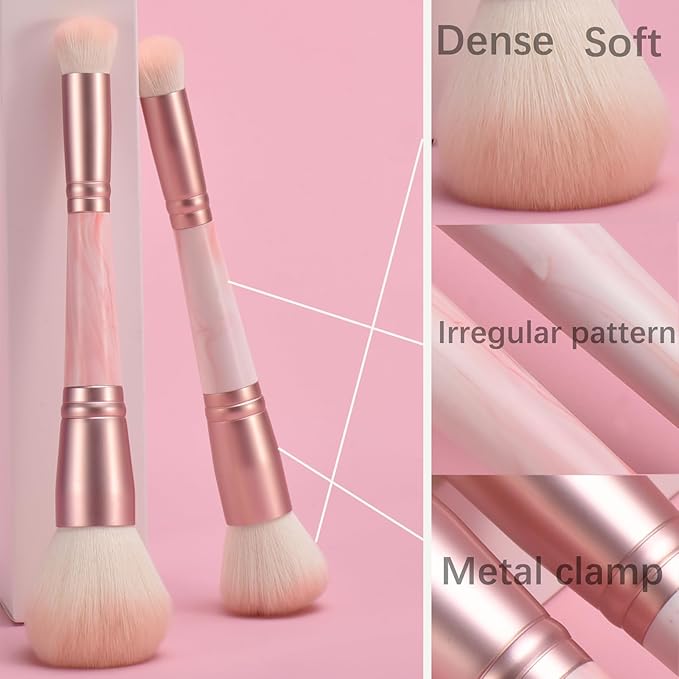 4PCS Pink Dual-Ended Makeup Brushes Set, Professional Foundation Blush Concealer Eyeshadow Kabuki Brush Kit, Soft Vegan Synthetic Bristles for Women