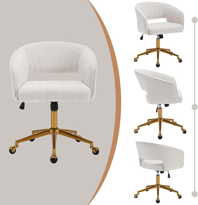Westice Home Office Desk Chairs, Modern Velvet Rolling Chair, Height Adjustable Swivel Vanity Chair with Golden Base, Ergonomic Chair for Vanity Study, Living Room Computer Room, Beige
