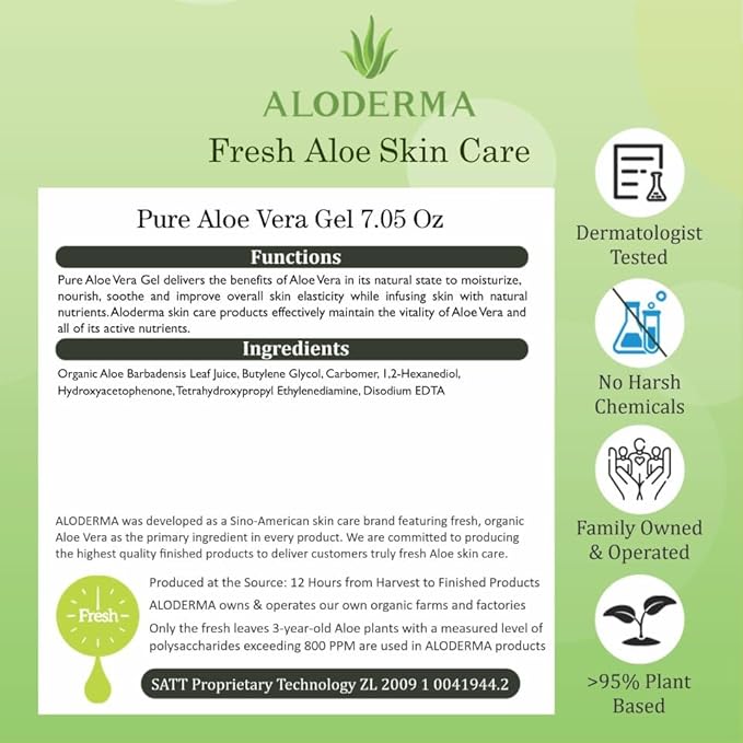 Aloderma Aloe Vera Gel Made within 12 Hours of Harvest with 96% Pure Organic Aloe Vera for Skin, Scalp, & Hair, Soothing Aloe Face Moisturizer, Multipurpose, Hydrating Aloe Gel, 7.05oz