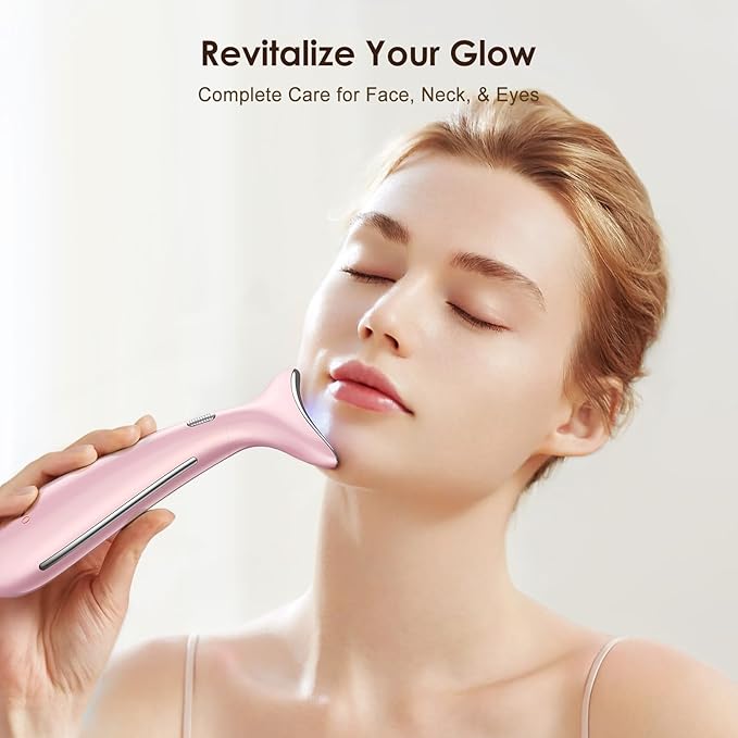 4-in-1 Multi-Area Beauty Care Device with Interchangeable Heads and Three Light Modes, Rechargeable Neck & Face Care Tool (Pastel Pink)