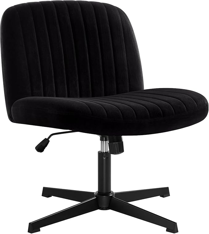 IWMH Criss Cross Chair, Cross Legged Office Chairs no Wheels, Armless Wide Seat Desk Chair with Adjustable Height for Home, Vanity, Bedroom (Black)