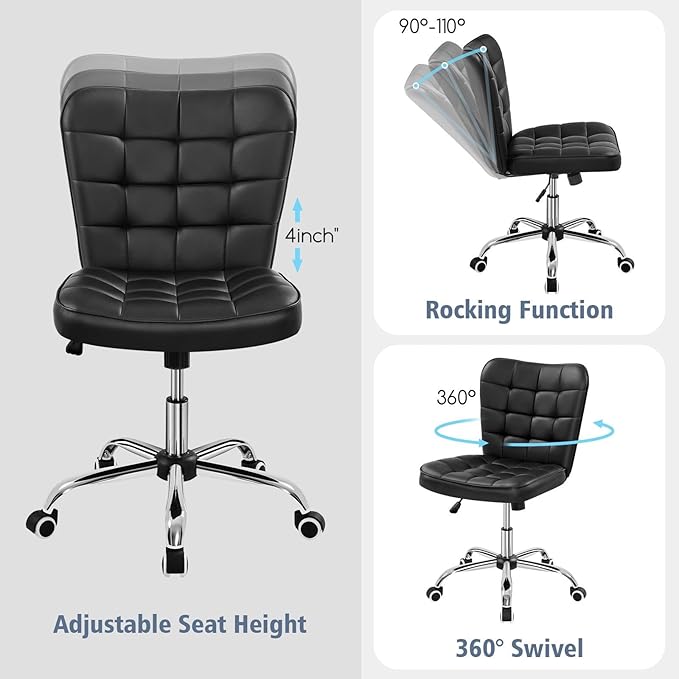 Yaheetech Modern Tufted Armless Desk Office Chair Faux Leather Upholstered Computer Chair with Adjustable Seat Height and Rolling Wheels for Home/Office, Black