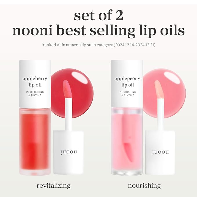 NOONI Korean Lip Oil Set - Appleberry & Applepeony - Long-Lasting, Moisturizing, Revitalizing - Waterproof, No Peel Off, Stocking Stuffers (2EA, 0.12 fl oz)