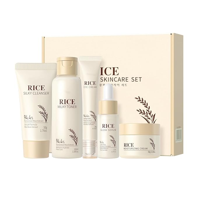 Moisturizing Korean Rice Skin Care Set – Radiance Skincare 5-Step Routine with Rice Cleanser, Toner, Serum, Face Cream, Eye Cream, Hyaluronic Acid & Ceramides for Glowing Skin, All Skin Types