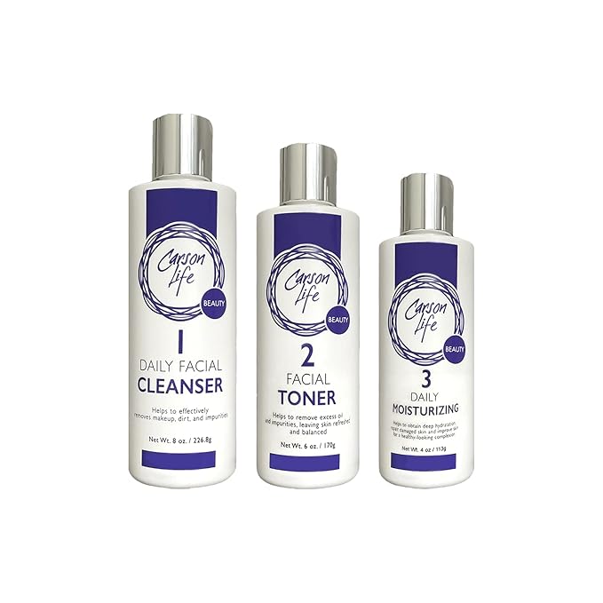Carson Life 3-Step Skincare System - Facial Cleanser, Toner, Moisturizer - Unisex - Face & Neck - Dry Skin - Skincare Kit