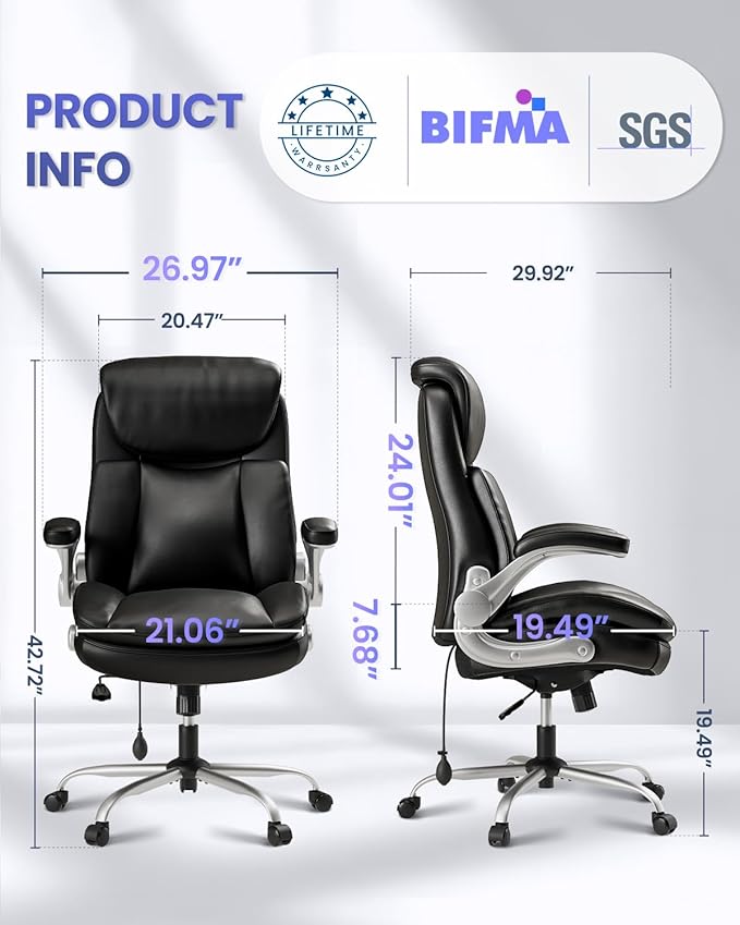Big and Tall Office Chair, Heavy Duty Office Desk Chair with Padded Flip-Up Arms, Adjustable Lumbar Support & Tilt Lock, High Back Ergonomic Executive Computer Chair for Work & Study, Pure Black
