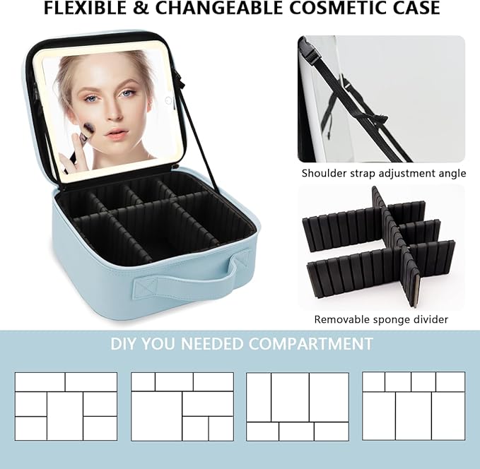 Makeup Bag with Led Mirror,Large Vanity Makeup Cases with 3 Color Setting,Portable Storage and Adjustable Dividers,for Women and Makeup Artists Cosmetic Organizer Travel Makeup Bag-Light Blue