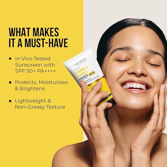 Dr. Sheth's Ceramide & Vitamin C Sunscreen In-Vivo Tested Protects, Moisturizes & Brightens Skin SPF 50+ PA++++ Lightweight, Leaves No White Cast 50 g
