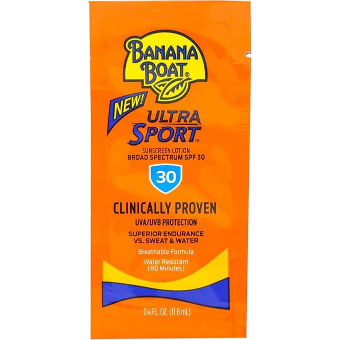 Banana Boat Ultra Sport Sunscreen Lotion Packets, Broad Spectrum SPF 30, Water & Sweat Resistant, 0.4 fl oz (Pack of 24)