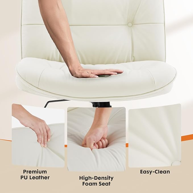Sweetcrispy Criss Cross Chair, Wide Seat PU Leather Armless Office Desk Vanity Chair, Comfortable Adjustable Swivel Computer Task Chairs for Bedroom, Small Space Make Up, Light Beige