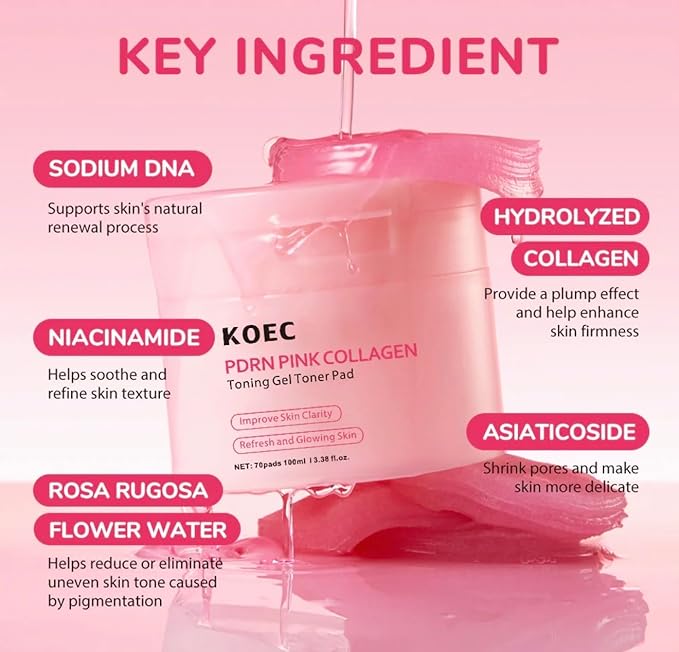 KOEC PDRN Pink Collagen Toning Gel Toner Pads, 70 Count, Hydrating Facial Treatment for Smooth Plumped Skin with Improved Clarity, 3.38 fl.oz