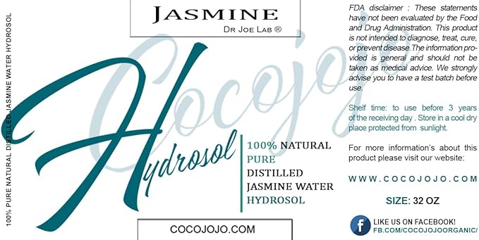 Dr Joe Lab Jasmine Hydrosol Spray Toner for face Floral Water Cleansing Hydrating Mist, Pure and Natural for All Skin Types COCOJOJO 32 oz