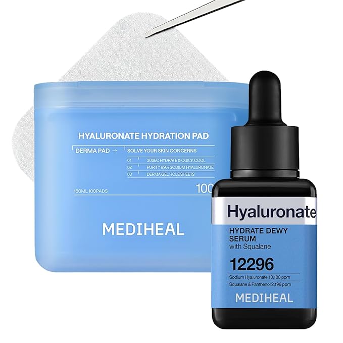 Mediheal Hyaluronate Pad & Serum Skin Care Duo for Deep Moisturization - Hyaluronate Hydration Toner Pads (100 Count) + Hyaluronate Hydrate Dewy Serum (1.35 fl.oz)