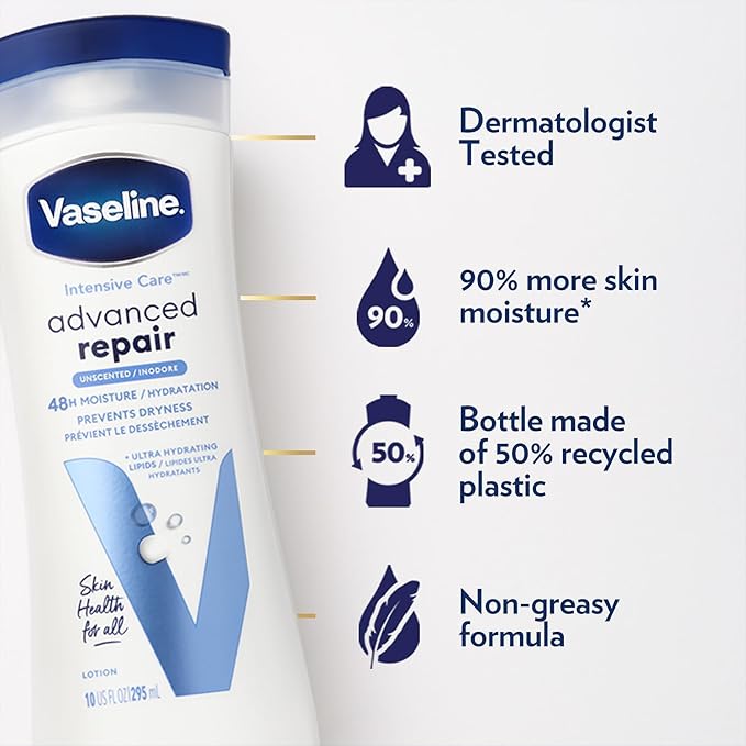 Vaseline Intensive Care Lotion, Unscented, Advanced Repair – Non-Greasy Moisturizer for Extremely Dry Skin + Professional Lip Therapy Tube