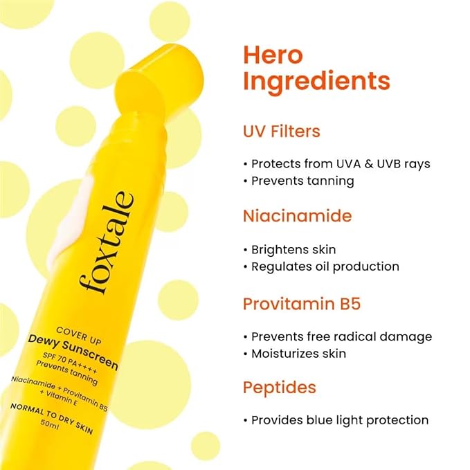 Foxytale's Dewy Sunscreen with Niacinamide, Provitamin B5, Vitamin E, SPF 70 PA++++, 50ml