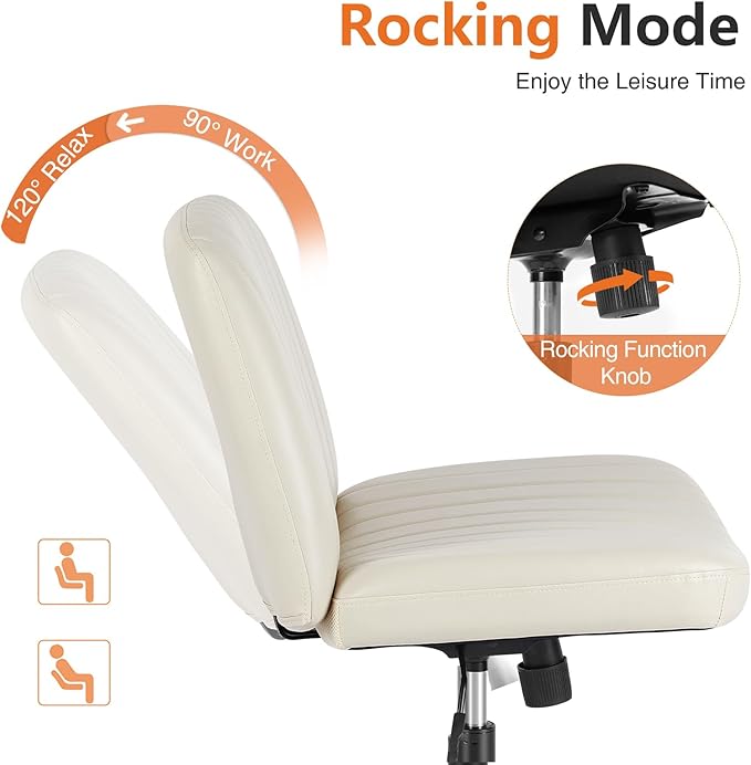 Sweetcrispy Criss Cross Chair Legged, Armless Office Wide Desk Chair No Wheels, PU Leather Swivel Vanity Height Adjustable Fabric Modern Computer Task Seating for Home - Beige