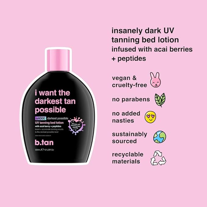 b.tan UV Tanning Bed Lotion | I Want The Darkest Tan Possible - x4000 Tan Intensifiers, Indoor & Outdoor Accelerator, Best Browning Body Tanner Extender, No Sun Protection, 12 Fl Oz