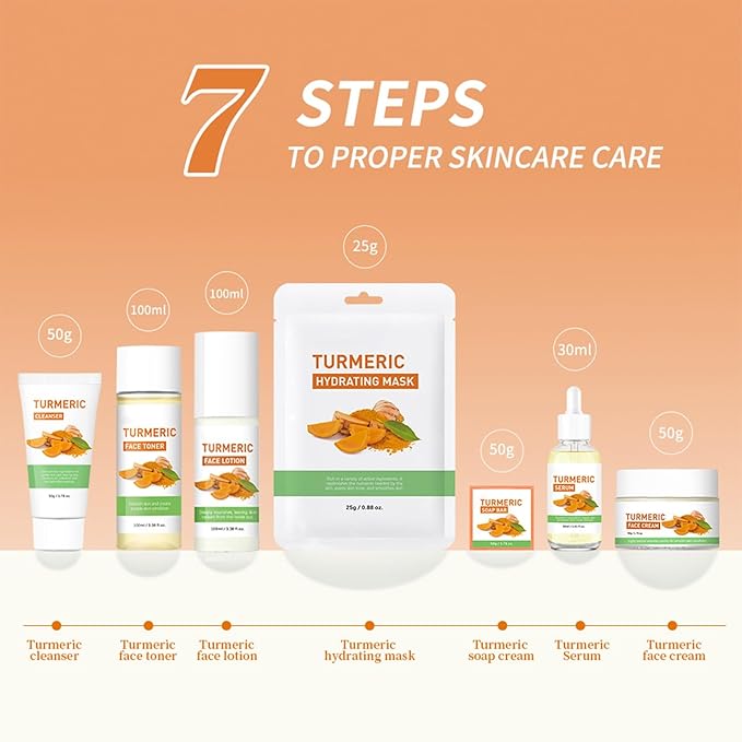 Turmeric Skin Care Set, 9 Pcs Turmeric Skin Care Kit with 3 Sheet Masks, Soap Bar, Face Wash, Toner, Serum, Face Moisturizer Cream, Face Lotion, Reduce Acne, Christmas Gifts for Women Girls