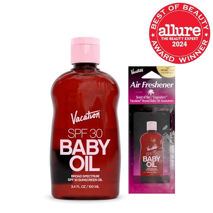 Vacation Baby Oil SPF 30 & Air Freshener Bundle, Hydrating & Nourishing, Mineral-Oil Free, Lightweight Formula, Transparent On All Skin Tones, Travel Size Sunscreen, 3.4 Fl. Oz.