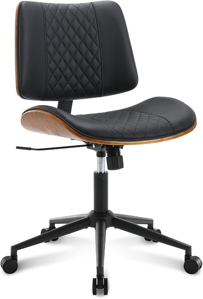 Home Office Chair No Arms with Wheels, Adjustable Height Small Desk Chair, PU Leather Mid Back 360 Swivel Computer Chair, Armless Modern Walnut Chair for Office, Reading Meeting Room(Black)
