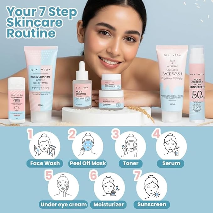 Gla veda Korean 7 Step Winter Skincare Kit for Women | Rice & Ceramide Routine | Gift Box | Skin Brightening, Anti-Ageing | Face Wash+Toner+Moisturizer+Serum+Mask+Sunscreen+Under Eye Cream
