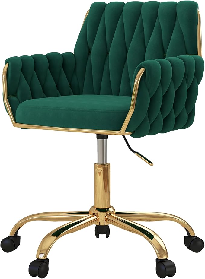 Woven 360°Swivel Desk Chair, Velvet Height Adjustable Home Office Armchair with Golden Base for Teens Women Girls, Upholstery Computer Chair for Home Studios and Office, Woven & Dark Green