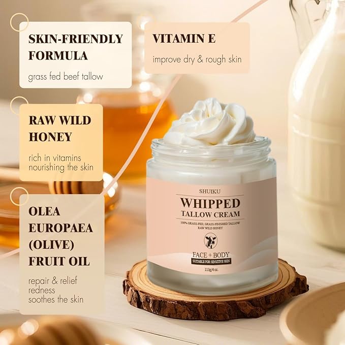 Beef Tallow for Skin with Honey Balm – All-Natural Moisturizer Hydrates and Nourishes the Skin, Whipped Grass-fed Beef Tallow Honey Balm blend - Ultra-Nourishing Moisturizer for Face, Body & Hands.