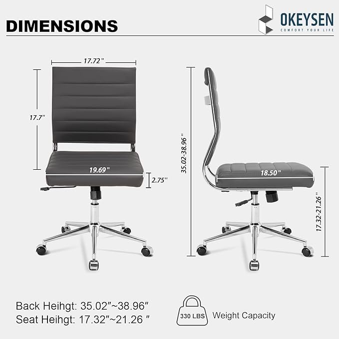 Okeysen Armless Office Desk Chair, Mid Back Ergonomic Swivel Conference Room Chair, Adjustable Height PU Leather Home Desk Chair with Lumbar Support, Modern Small Rolling Computer Task Chair, Gray