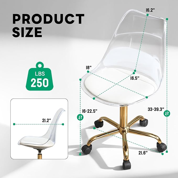 Lessmore Clear Acrylic Desk Chair with Pu Leather Cushion, Adjustable Home Office Chair with Wheels, Rolling Armless Vanity Chair for Office, Home, Make Up, Small Space, Bedroom(Gold)